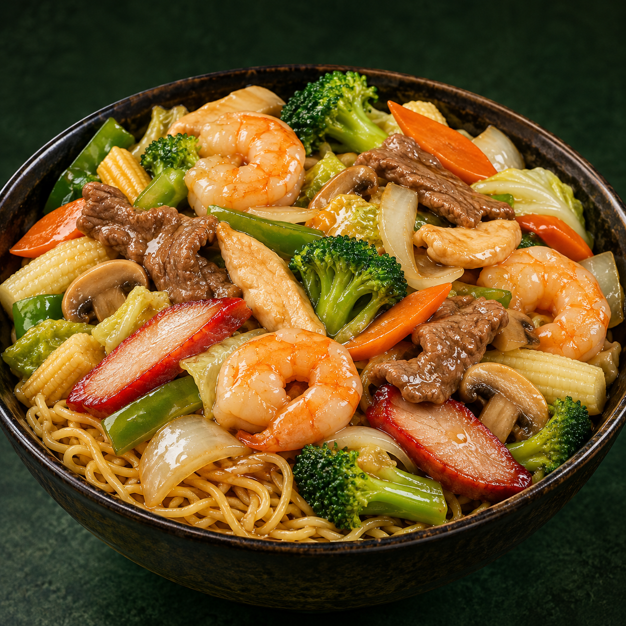 House Special Chow Mein with plentiful vegetables, king prawns, chicken, beef and char siu over a base of egg noodles — illustrative image